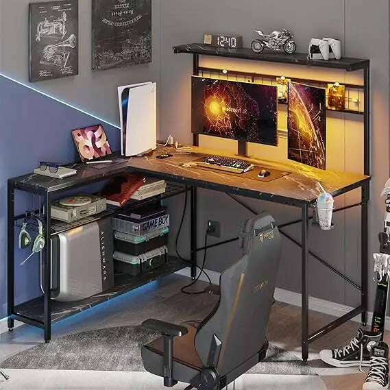 KIMLUD, L Gaming Desk,Computer Desk with Power Outlets, LED Lights, Reversible Corner Desk 4-Tier Shelves,Cup Holder, United States / Black Marble 51 inch, KIMLUD APPAREL - Womens Clothes