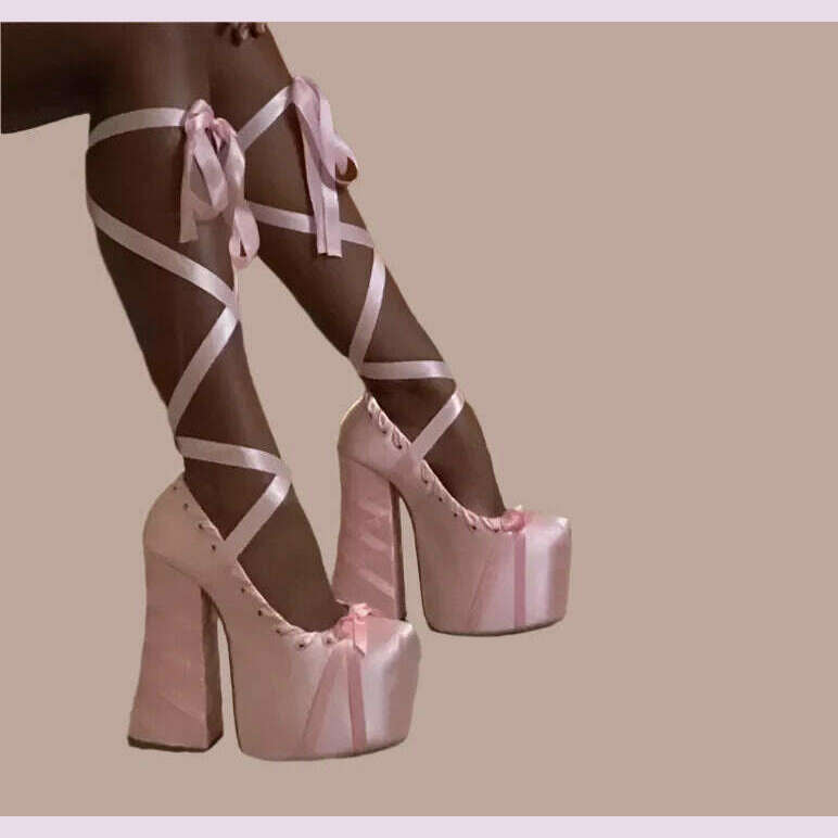 KIMLUD, Lace Up Cross Straps Bow Lolita Shoes Women Platform Satin Sandals Sweet High Block Heels Square Toe Thick Bottom Women Pumps, KIMLUD Womens Clothes