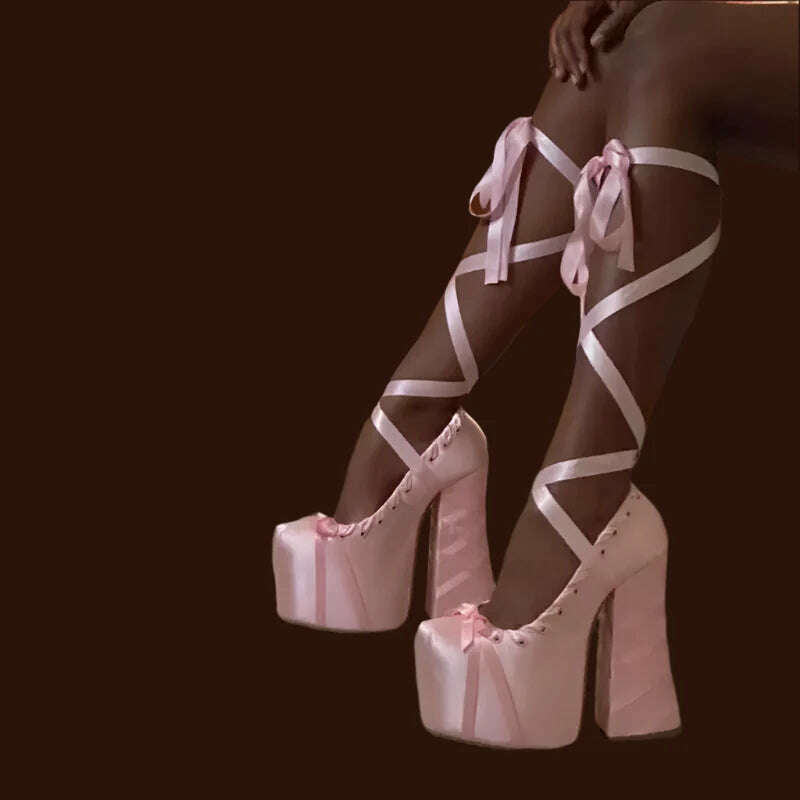 KIMLUD, Lace Up Cross Straps Bow Lolita Shoes Women Platform Satin Sandals Sweet High Block Heels Square Toe Thick Bottom Women Pumps, KIMLUD Womens Clothes