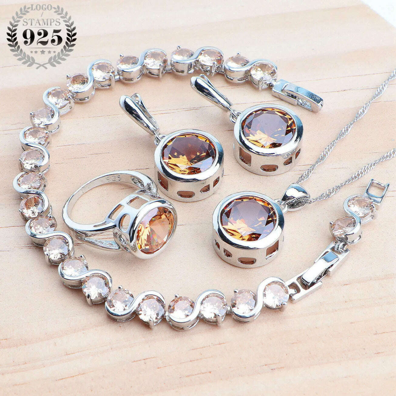 Ladies 925 Silver Jewelry Sets Champagne Zircon For Women Wedding Jewelry Rings Bracelets Stones Earrings Pendant Necklace Set - KIMLUD