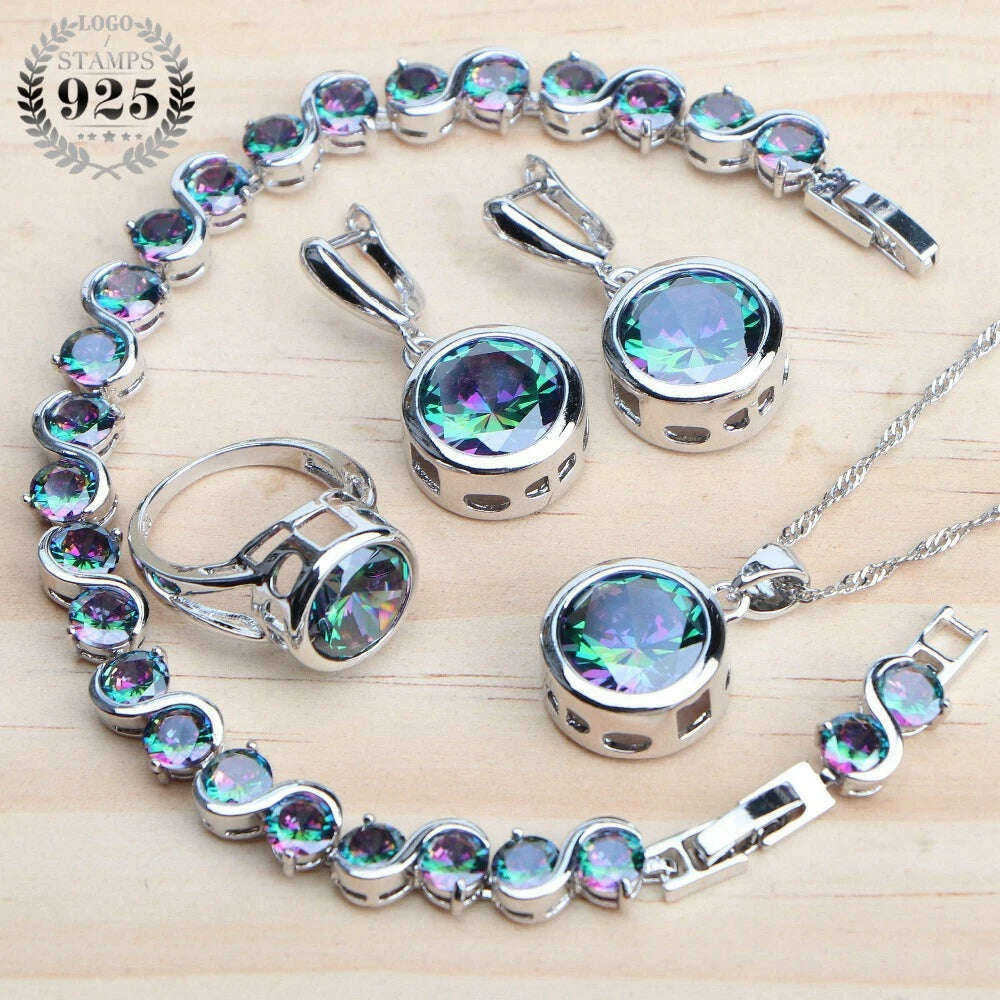 KIMLUD, Ladies 925 Silver Jewelry Sets Champagne Zircon For Women Wedding Jewelry Rings Bracelets Stones Earrings Pendant Necklace Set, 4PCS-Natural Rainbow / 6, KIMLUD APPAREL - Womens Clothes