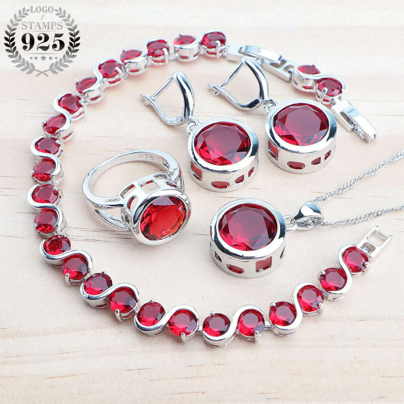 KIMLUD, Ladies 925 Silver Jewelry Sets Champagne Zircon For Women Wedding Jewelry Rings Bracelets Stones Earrings Pendant Necklace Set, 4PCS-Red / 6, KIMLUD APPAREL - Womens Clothes