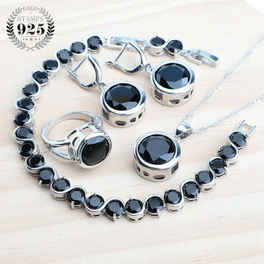 KIMLUD, Ladies 925 Silver Jewelry Sets Champagne Zircon For Women Wedding Jewelry Rings Bracelets Stones Earrings Pendant Necklace Set, 4PCS-Black / 6, KIMLUD APPAREL - Womens Clothes