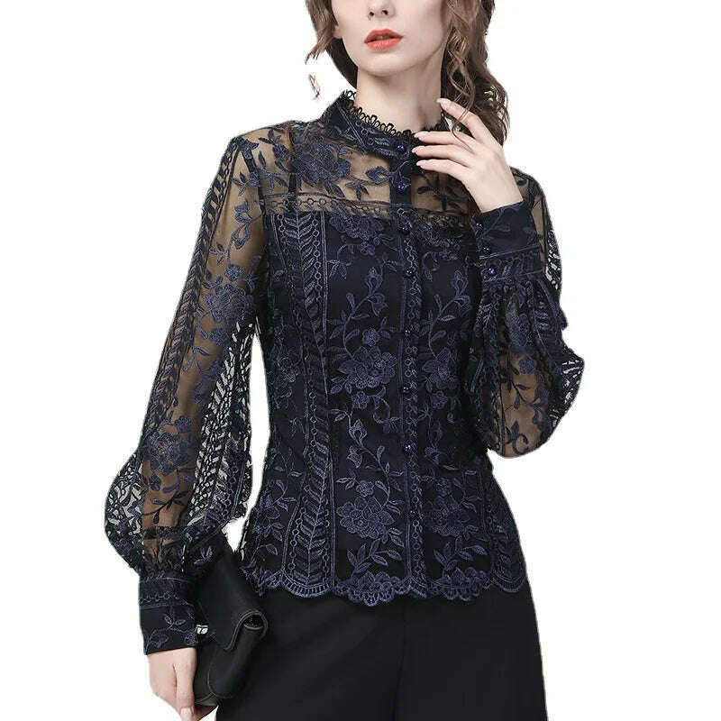 KIMLUD, Ladies Embroidered Floral Tulle Blouse Women Hollow Out Lantern Sleeve Bodycon Button-Down Shirt 2022 Spring Vintage Lace Tops, Long Sleeve / XXXL, KIMLUD APPAREL - Womens Clothes