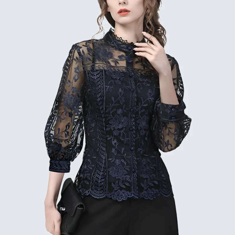 KIMLUD, Ladies Embroidered Floral Tulle Blouse Women Hollow Out Lantern Sleeve Bodycon Button-Down Shirt 2022 Spring Vintage Lace Tops, Seven Sleeve / L, KIMLUD APPAREL - Womens Clothes