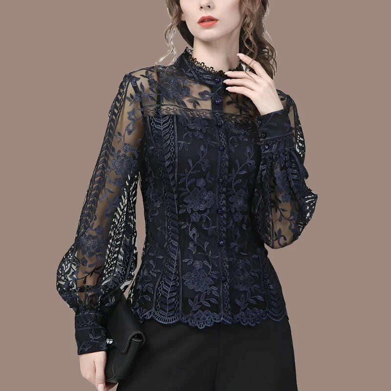 KIMLUD, Ladies Embroidered Floral Tulle Blouse Women Hollow Out Lantern Sleeve Bodycon Button-Down Shirt 2022 Spring Vintage Lace Tops, KIMLUD Womens Clothes