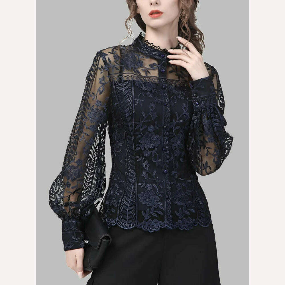 KIMLUD, Ladies Embroidered Floral Tulle Blouse Women Hollow Out Lantern Sleeve Bodycon Button-Down Shirt 2022 Spring Vintage Lace Tops, KIMLUD Womens Clothes