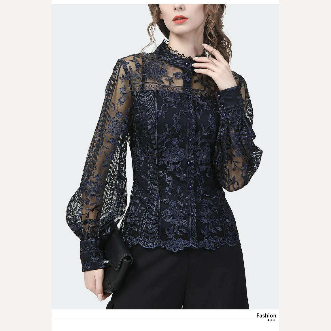 KIMLUD, Ladies Embroidered Floral Tulle Blouse Women Hollow Out Lantern Sleeve Bodycon Button-Down Shirt 2022 Spring Vintage Lace Tops, KIMLUD Womens Clothes