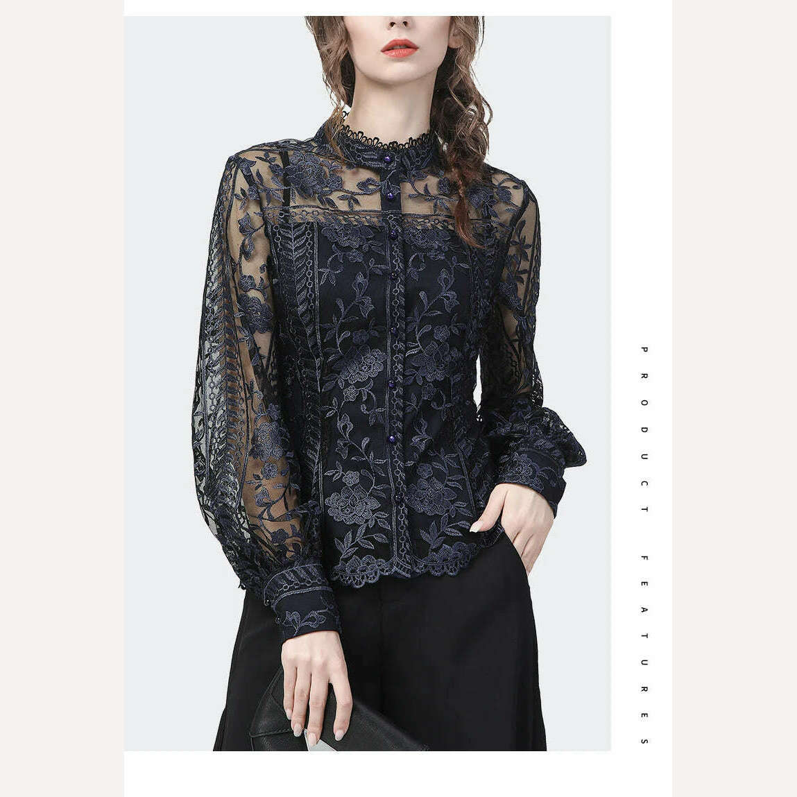 KIMLUD, Ladies Embroidered Floral Tulle Blouse Women Hollow Out Lantern Sleeve Bodycon Button-Down Shirt 2022 Spring Vintage Lace Tops, KIMLUD Womens Clothes