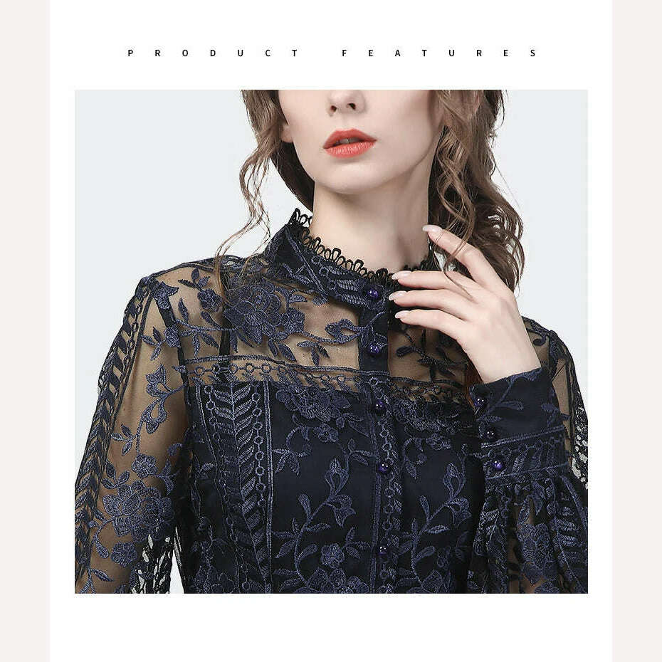 KIMLUD, Ladies Embroidered Floral Tulle Blouse Women Hollow Out Lantern Sleeve Bodycon Button-Down Shirt 2022 Spring Vintage Lace Tops, KIMLUD Womens Clothes