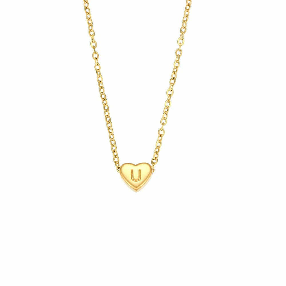 KIMLUD, Ladies Minimalist Small Love Initial Necklace Jewelry Stainless Steel 18k Gold Plated Mini Heart Shape Letter Pendant Necklace, U, KIMLUD APPAREL - Womens Clothes