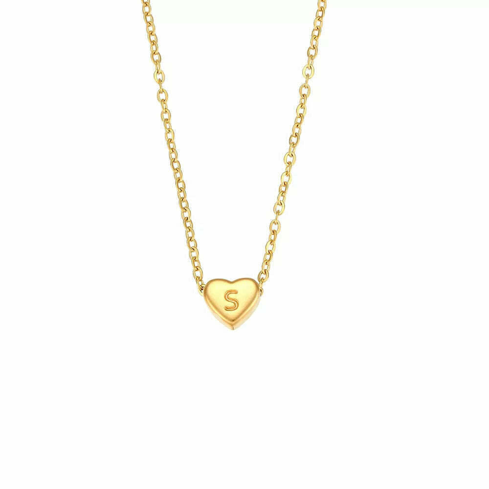 KIMLUD, Ladies Minimalist Small Love Initial Necklace Jewelry Stainless Steel 18k Gold Plated Mini Heart Shape Letter Pendant Necklace, S, KIMLUD APPAREL - Womens Clothes