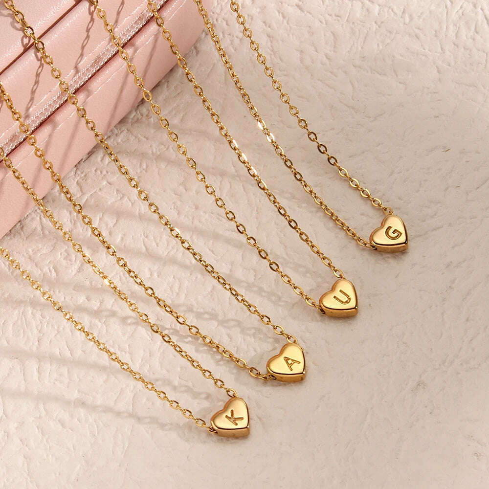 Ladies Minimalist Small Love Initial Necklace Jewelry Stainless Steel 18k Gold Plated Mini Heart Shape Letter Pendant Necklace - KIMLUD