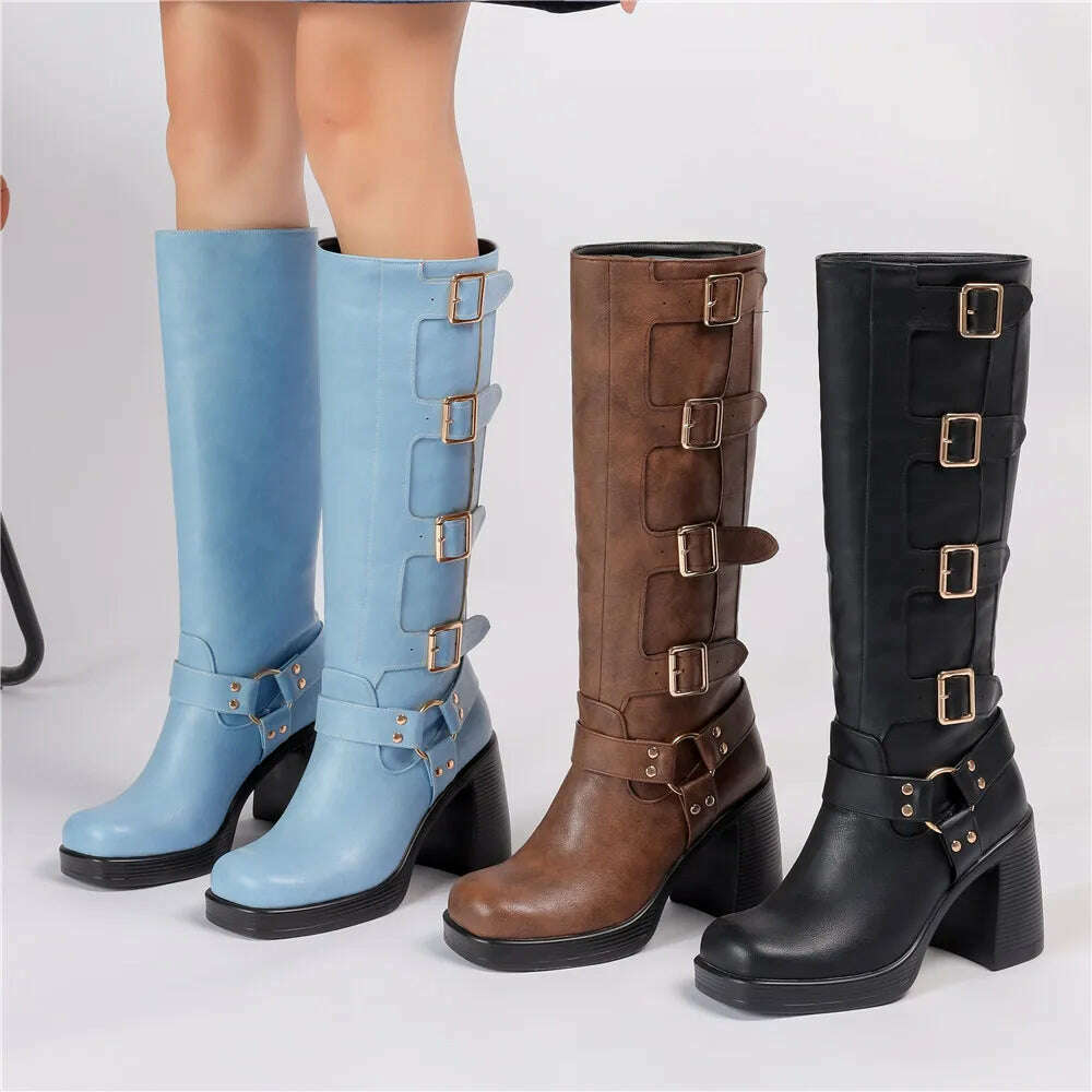 Ladies Motorcycle Booties Punk Style High Heel Shoes Autumn Winter Gothic Platforms Woman Buckle Square Toe Knee-High Boots - KIMLUD