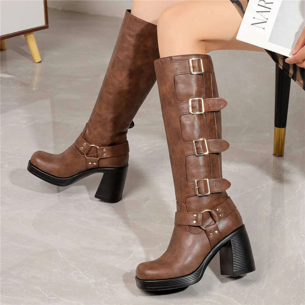 Ladies Motorcycle Booties Punk Style High Heel Shoes Autumn Winter Gothic Platforms Woman Buckle Square Toe Knee-High Boots - KIMLUD