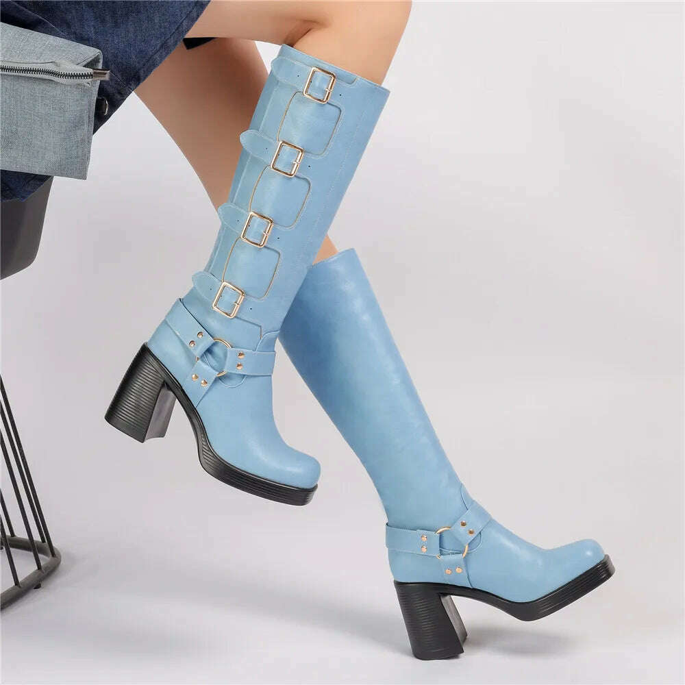 Ladies Motorcycle Booties Punk Style High Heel Shoes Autumn Winter Gothic Platforms Woman Buckle Square Toe Knee-High Boots - KIMLUD