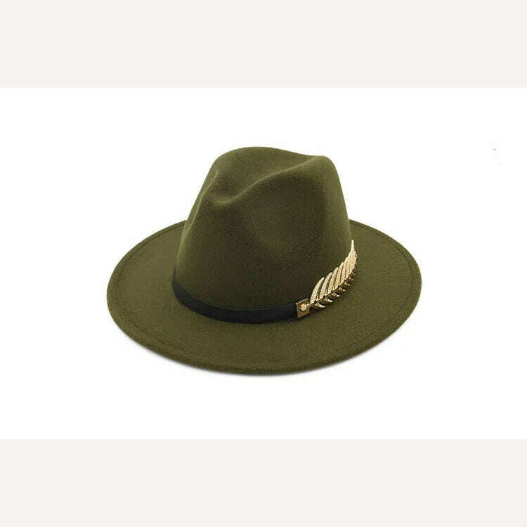 KIMLUD, Ladies Wool Fedora Warm Jazz Hat Chapeau Femme feutre Panaman cap Felt Women Fedora Hats with Pearls Belt Vintage Trilby Caps, Army Green / XXL, KIMLUD APPAREL - Womens Clothes