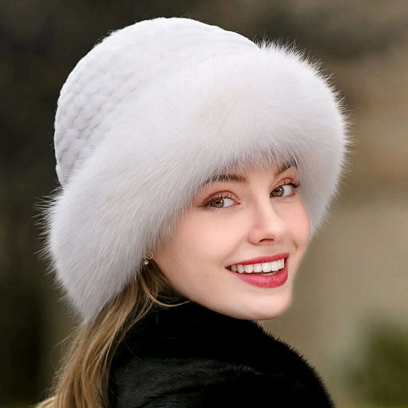 KIMLUD, Lady Winter Real Fur Hat Women Warm Knitted Genuine Formal  Rabbit Fur Hat Top Natural Fox Fur Bomber Caps Rex Rabbit Fur Cap, KIMLUD Womens Clothes