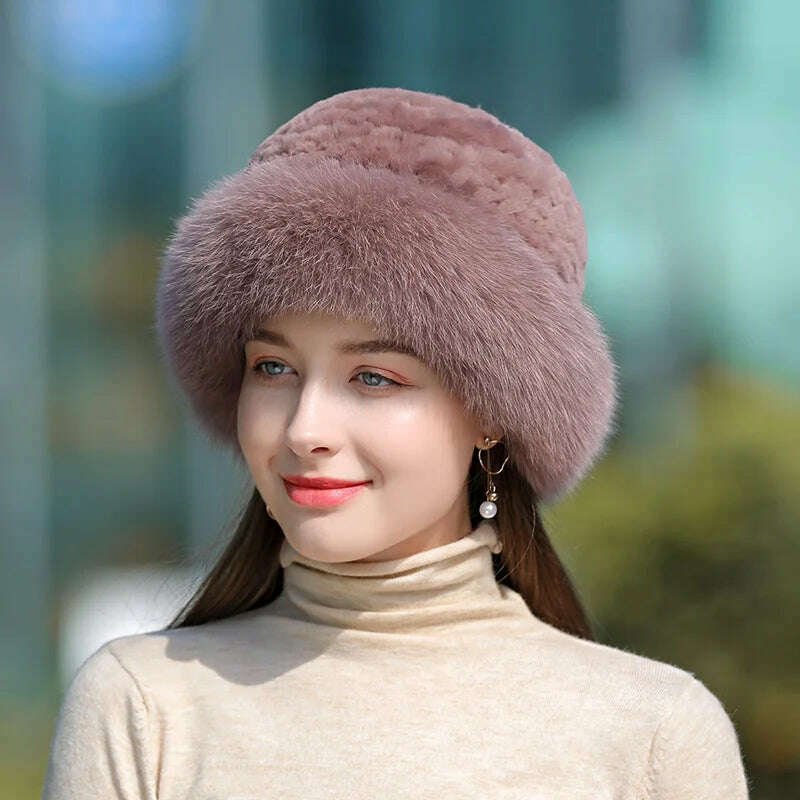 Lady Winter Real Fur Hat Women Warm Knitted Genuine Formal Rabbit Fur Hat Top Natural Fox Fur Bomber Caps Rex Rabbit Fur Cap - KIMLUD