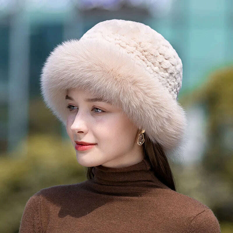 KIMLUD, Lady Winter Real Fur Hat Women Warm Knitted Genuine Formal  Rabbit Fur Hat Top Natural Fox Fur Bomber Caps Rex Rabbit Fur Cap, color 2, KIMLUD APPAREL - Womens Clothes