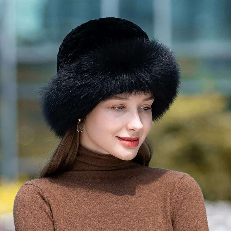 KIMLUD, Lady Winter Real Fur Hat Women Warm Knitted Genuine Formal  Rabbit Fur Hat Top Natural Fox Fur Bomber Caps Rex Rabbit Fur Cap, color 1, KIMLUD APPAREL - Womens Clothes