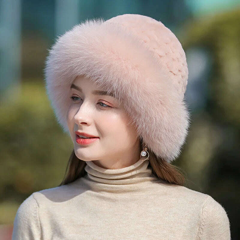 Lady Winter Real Fur Hat Women Warm Knitted Genuine Formal Rabbit Fur Hat Top Natural Fox Fur Bomber Caps Rex Rabbit Fur Cap - KIMLUD