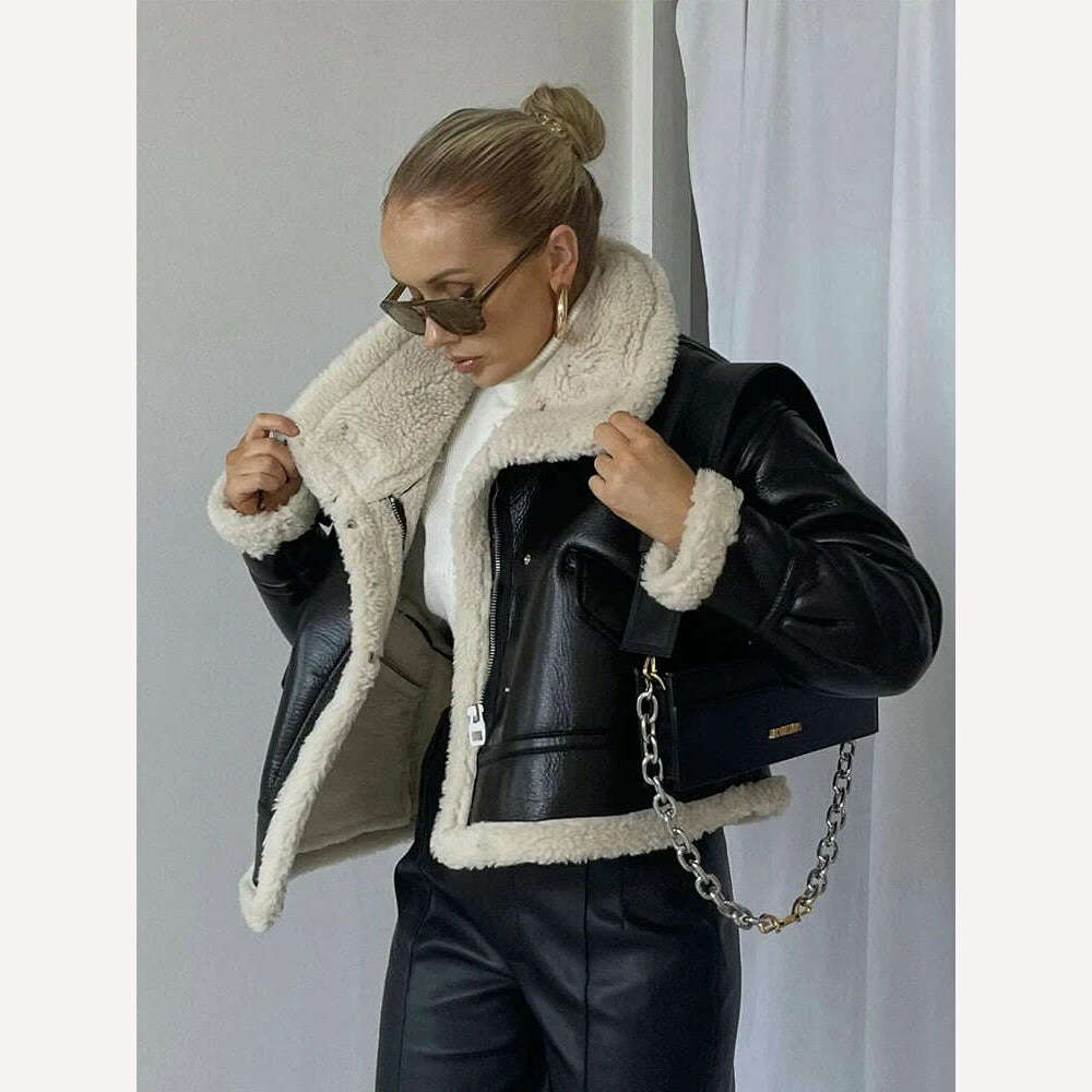 Lagabogy 2023 Winter Jacket Women Faux Shearling Sheepskin Coat Retro Motorcycle Parka Fleece Female Short Loose Snow Outerwear - KIMLUD