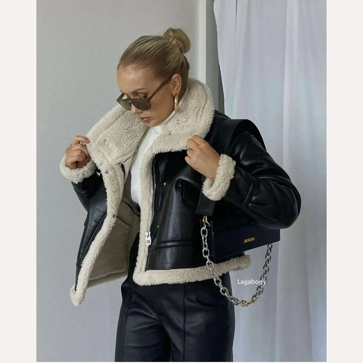 Lagabogy 2023 Winter Jacket Women Faux Shearling Sheepskin Coat Retro Motorcycle Parka Fleece Female Short Loose Snow Outerwear - KIMLUD