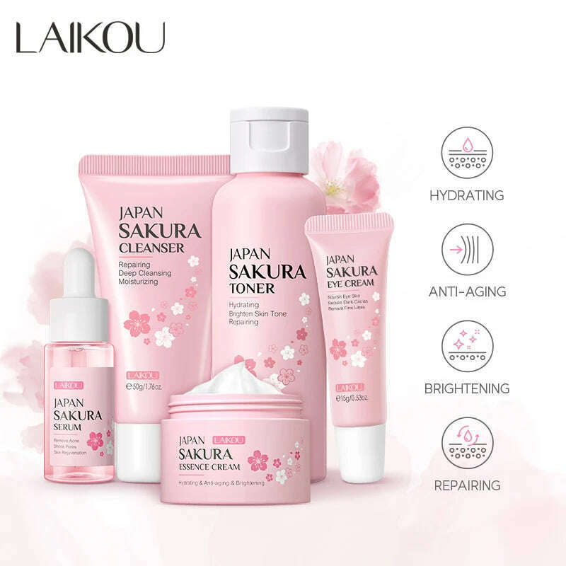 KIMLUD, LAIKOU Japan Sakura Skin Care Set Serum Rejuvenating Cream Glowing Moisturizer Fade Blemishes 5pcs, Default Title, KIMLUD APPAREL - Womens Clothes