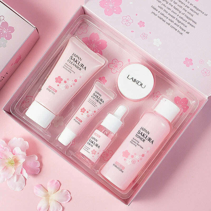 KIMLUD, LAIKOU Japan Sakura Skin Care Set Serum Rejuvenating Cream Glowing Moisturizer Fade Blemishes 5pcs, KIMLUD Womens Clothes