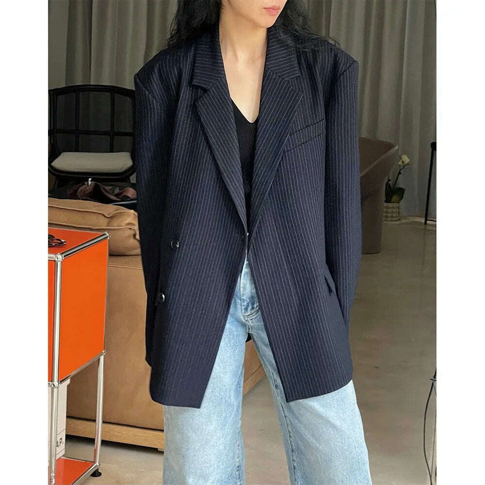 KIMLUD, [LANMREM] Fashion Striped Loose Blazers For Women Asymmetric Single Breasted Design Fashion Jackets 2024 Spring New 26D2884, KIMLUD Womens Clothes