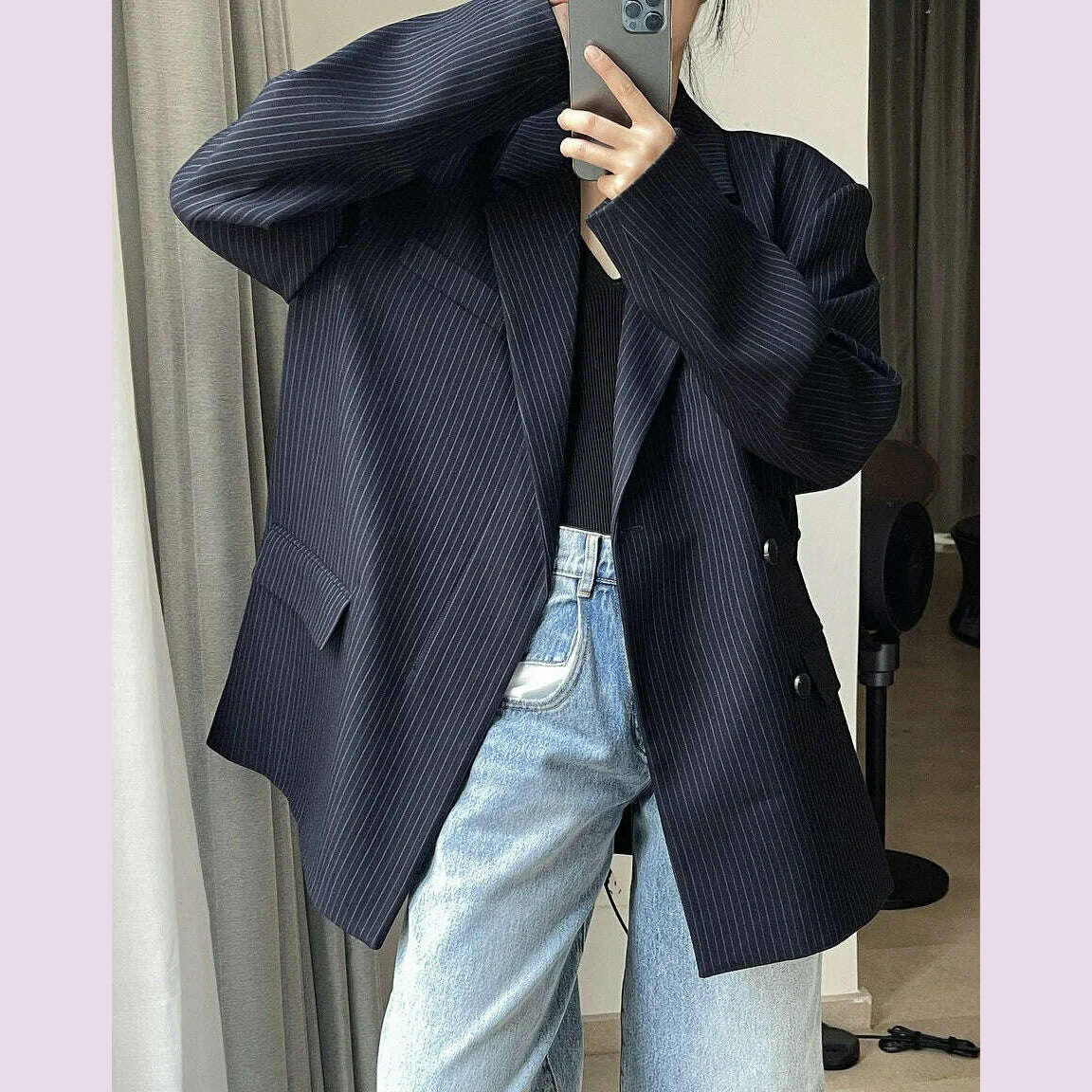 [LANMREM] Fashion Striped Loose Blazers For Women Asymmetric Single Breasted Design Fashion Jackets 2024 Spring New 26D2884 - KIMLUD