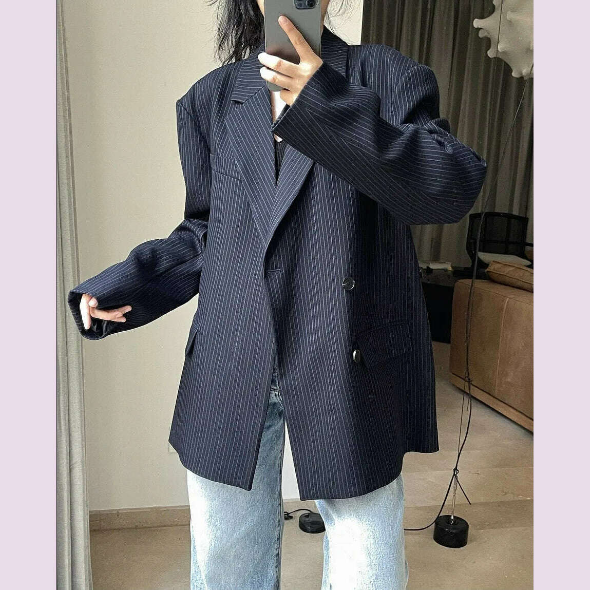 [LANMREM] Fashion Striped Loose Blazers For Women Asymmetric Single Breasted Design Fashion Jackets 2024 Spring New 26D2884 - KIMLUD