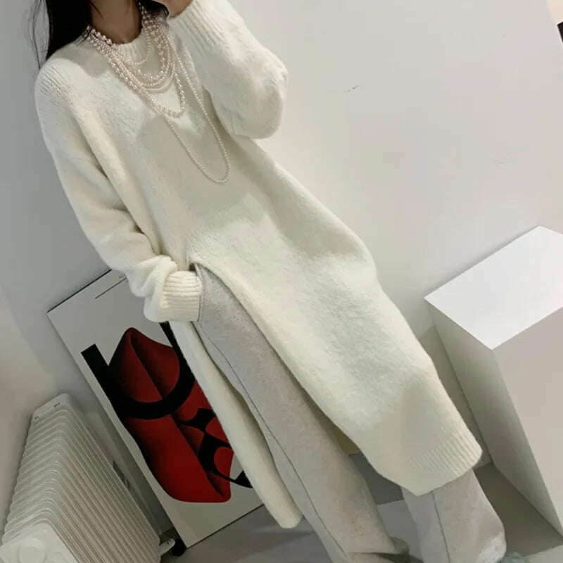 KIMLUD, LANMREM Korean Women's Thickened High Waist Split Shape Fashion Long Knitted Sweater Women Streetwear Pullovers 2C430, KIMLUD Womens Clothes