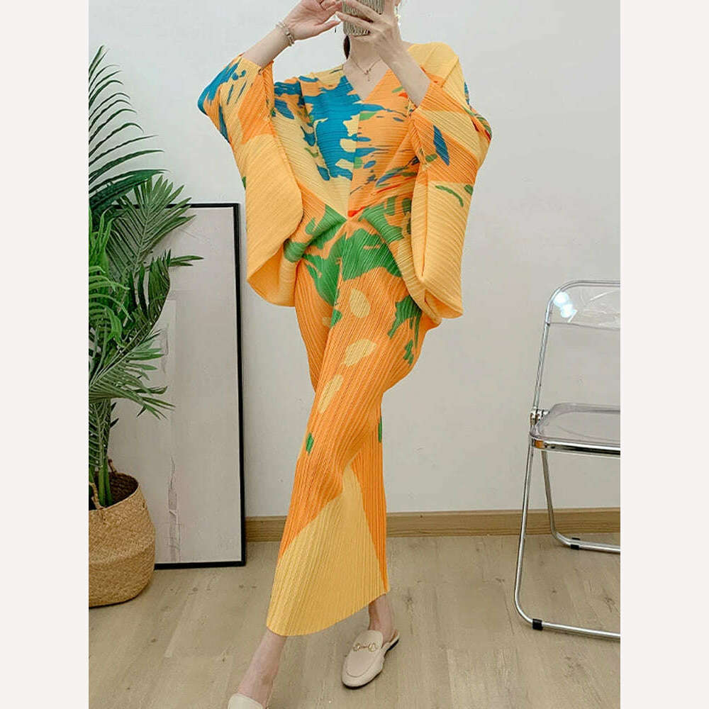 LANMREM V-neck Bat Sleeve Maxi Pleated Dress 2023 Summer New Women's Elegant Retro Style Print Festival Dresses Clothing 2DA1267 - KIMLUD