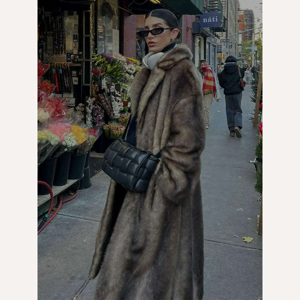 Lapel Collar Faux Fur Overcoat For Women Vintage Long Sleeve Plush Warm Coat 2024 New Fashion Lady High Street Outwears - KIMLUD