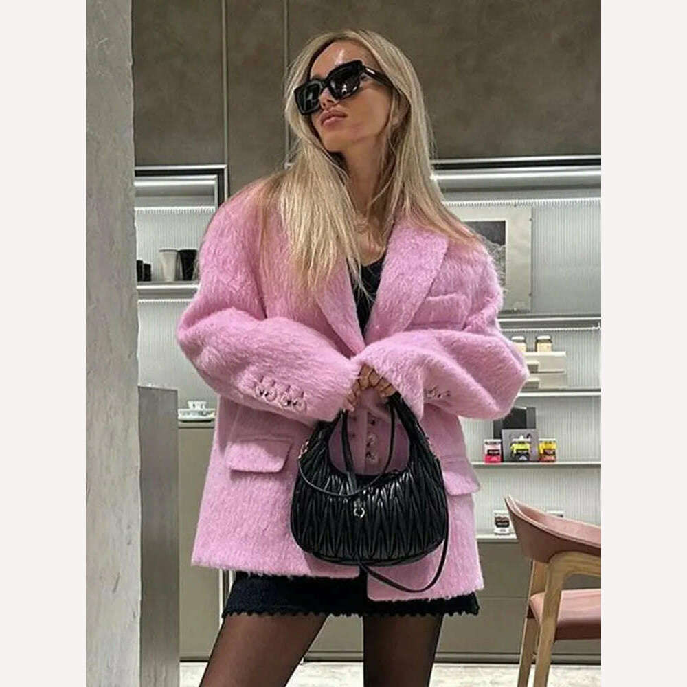 KIMLUD, Lapel Woolen Plush Pink Coats For Women Loose Long Sleeve Single Breasted Oversized Jacket Autumn Winter Female Short Coat, KIMLUD Womens Clothes