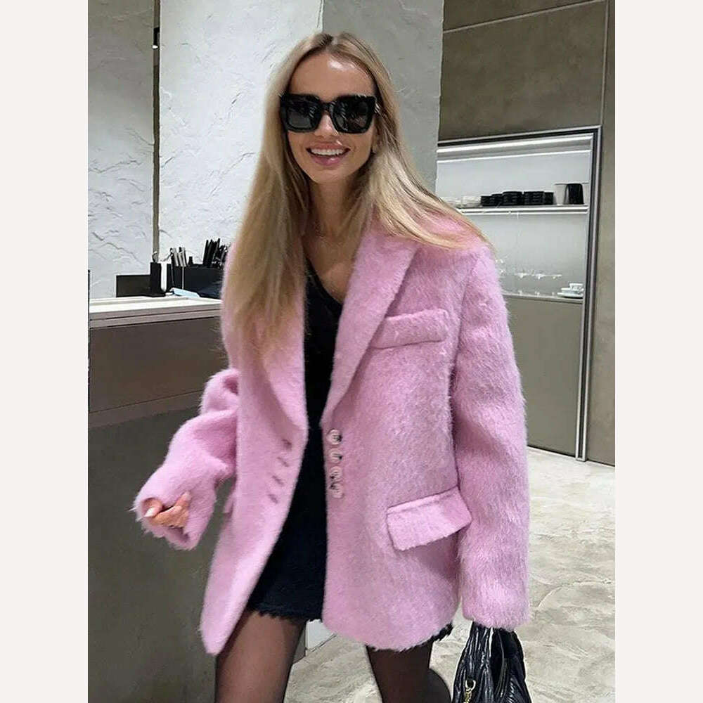 KIMLUD, Lapel Woolen Plush Pink Coats For Women Loose Long Sleeve Single Breasted Oversized Jacket Autumn Winter Female Short Coat, KIMLUD Womens Clothes