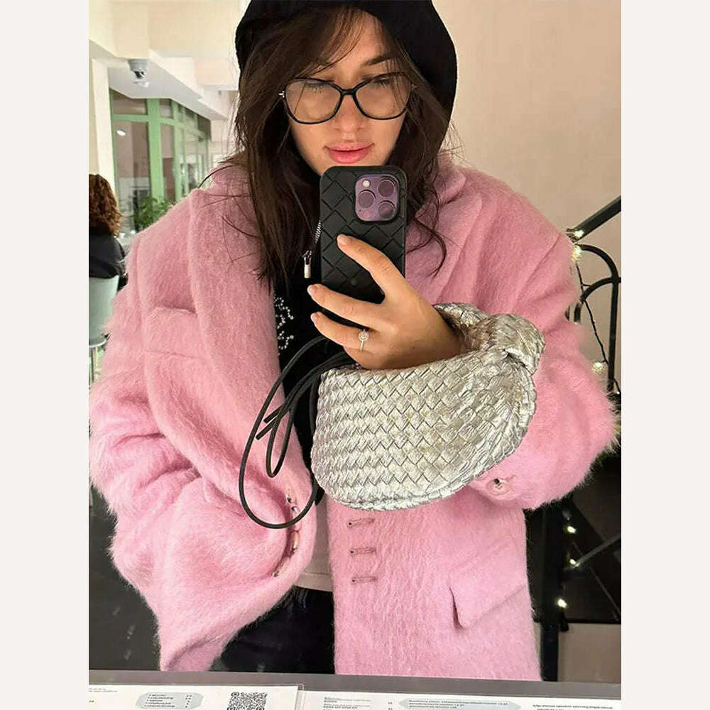 KIMLUD, Lapel Woolen Plush Pink Coats For Women Loose Long Sleeve Single Breasted Oversized Jacket Autumn Winter Female Short Coat, KIMLUD Womens Clothes