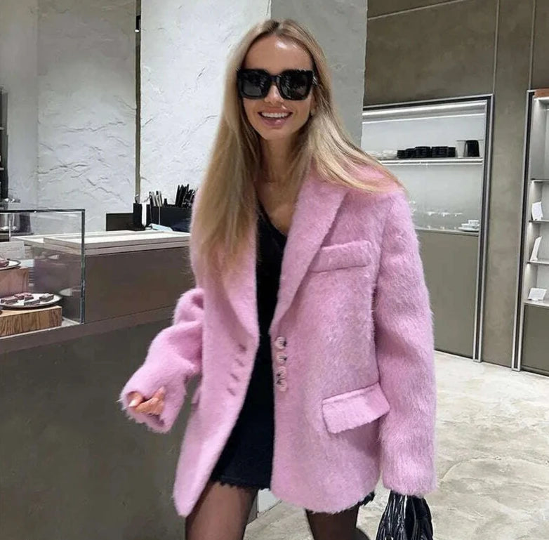 KIMLUD, Lapel Woolen Plush Pink Coats For Women Loose Long Sleeve Single Breasted Oversized Jacket Autumn Winter Female Short Coat, KIMLUD Womens Clothes