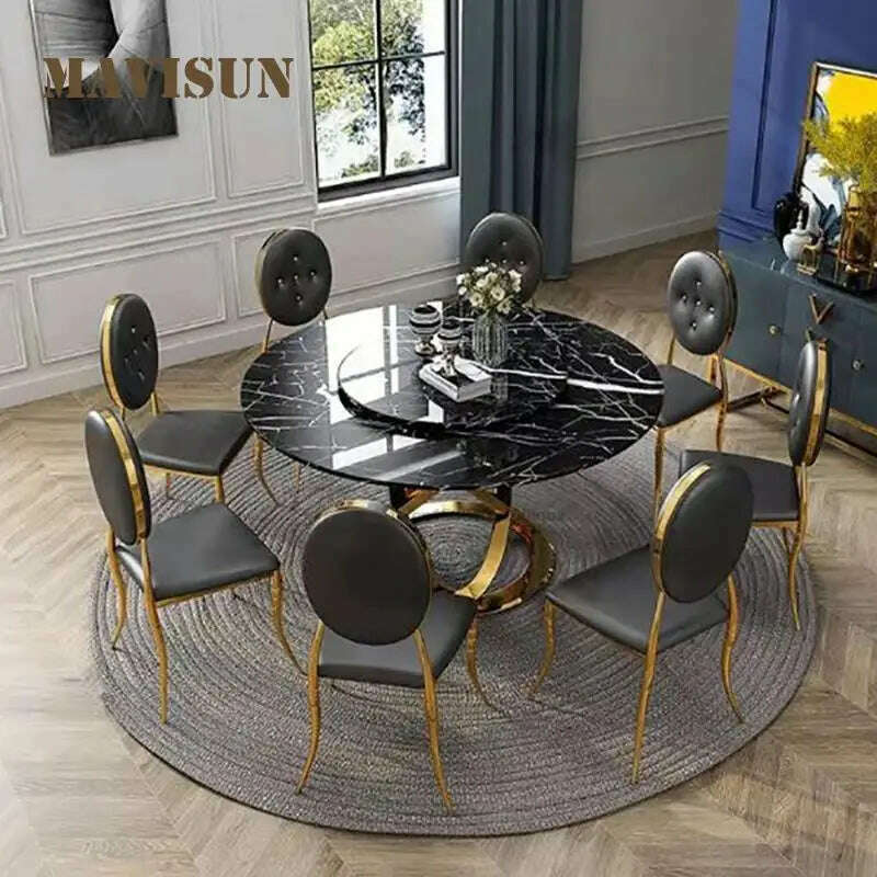 KIMLUD, Large Family Table Dining For Kitchen Round Household Table With Glossy Natural Marble Turntable White 1.5m Desk And 6 Chairs, KIMLUD Womens Clothes