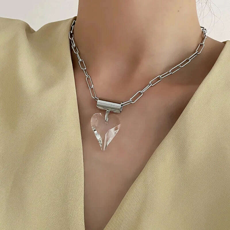 KIMLUD, Large Glass Heart Necklace For Women Metal Link Chain Pendant Fancy Fashion Jewelry Trendy New Designs Girls' Gifts Party C1325, Rhdm-LG Glass HT NK, KIMLUD Womens Clothes