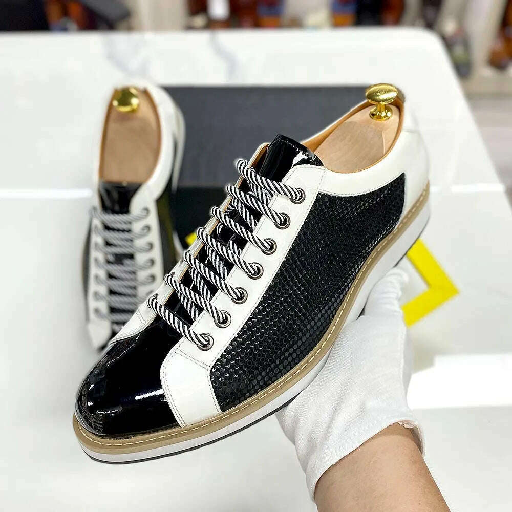 KIMLUD, Large Size 6 To 13 Luxury Brand Shoes Men Flat Sneakers Patent Leather Lace-up Black White Casual Shoes Zapatos Casuales Hombres, KIMLUD Womens Clothes