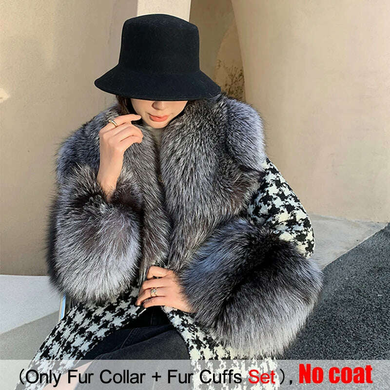 KIMLUD, Large Size Winter Real Fur Collar Cuffs Set Neck Warmer Women Fur Shawl Furry Fluffy Fox Fur Scarf Luxury Scarves Coat Decor, Silver fox / Scarf 90cm Cuff 20cm, KIMLUD APPAREL - Womens Clothes