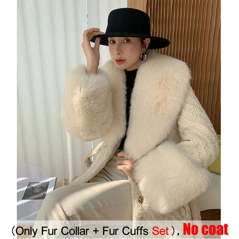 KIMLUD, Large Size Winter Real Fur Collar Cuffs Set Neck Warmer Women Fur Shawl Furry Fluffy Fox Fur Scarf Luxury Scarves Coat Decor, Beige / Scarf 90cm Cuff 20cm, KIMLUD APPAREL - Womens Clothes