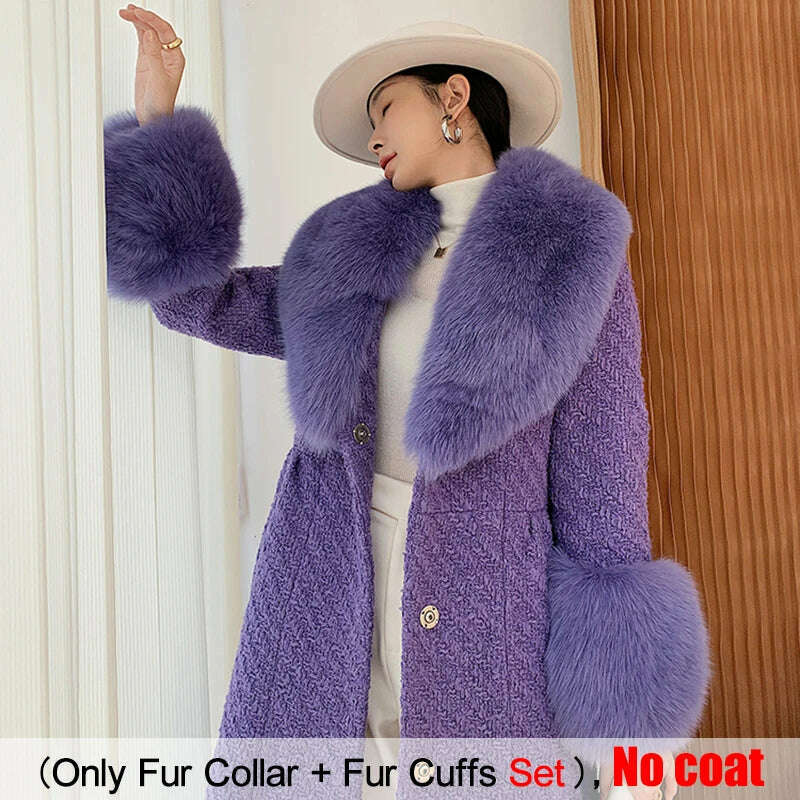 KIMLUD, Large Size Winter Real Fur Collar Cuffs Set Neck Warmer Women Fur Shawl Furry Fluffy Fox Fur Scarf Luxury Scarves Coat Decor, Purple / Scarf 90cm Cuff 20cm, KIMLUD APPAREL - Womens Clothes