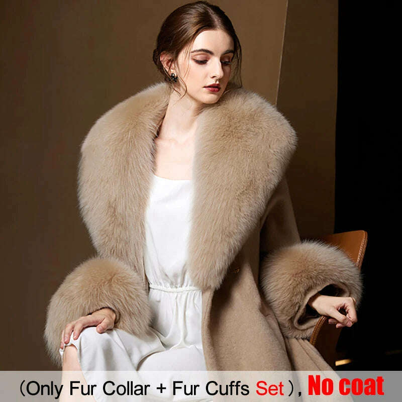 KIMLUD, Large Size Winter Real Fur Collar Cuffs Set Neck Warmer Women Fur Shawl Furry Fluffy Fox Fur Scarf Luxury Scarves Coat Decor, khaki / Scarf 90cm Cuff 20cm, KIMLUD APPAREL - Womens Clothes