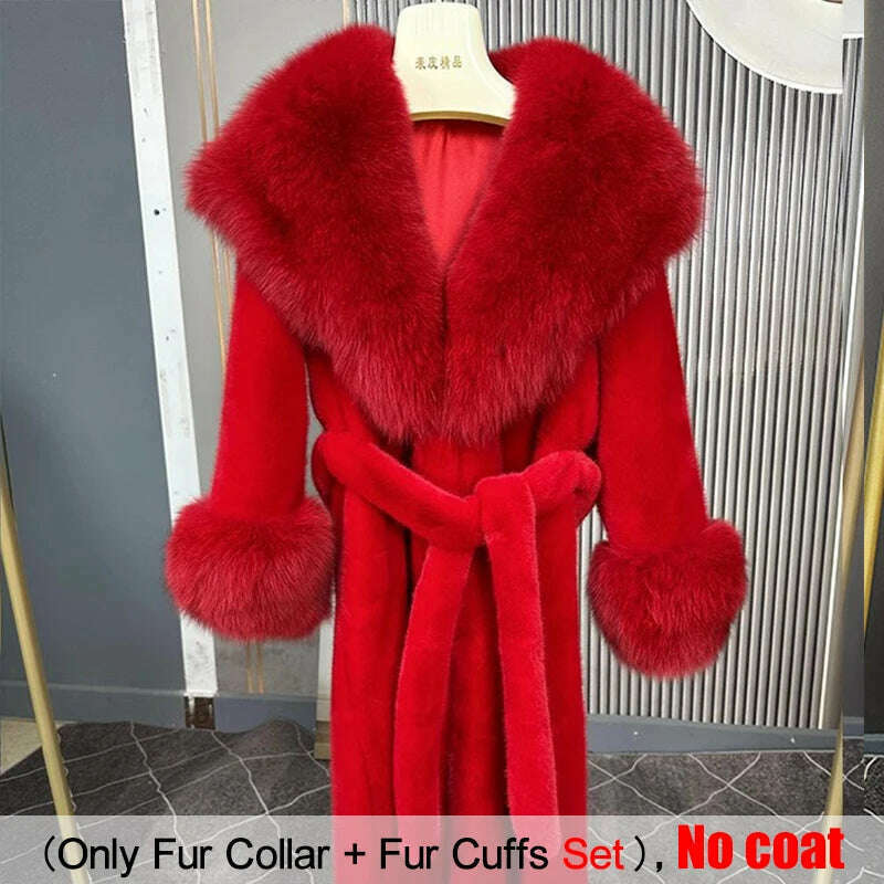 KIMLUD, Large Size Winter Real Fur Collar Cuffs Set Neck Warmer Women Fur Shawl Furry Fluffy Fox Fur Scarf Luxury Scarves Coat Decor, large red / Scarf 90cm Cuff 20cm, KIMLUD APPAREL - Womens Clothes