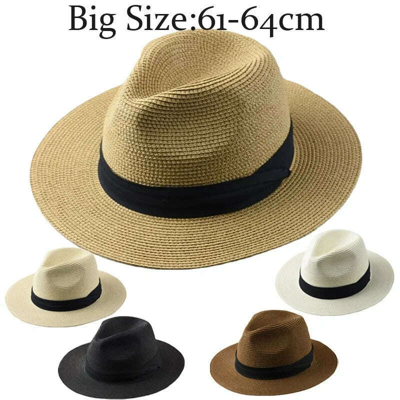 KIMLUD, Large Size XL61-64cm Panama Hats Men Women Beach Wide Brim Straw Hat Lady Summer Sun Hats Plus Size Fedora Hat 55-57cm 58-60cm, KIMLUD Womens Clothes