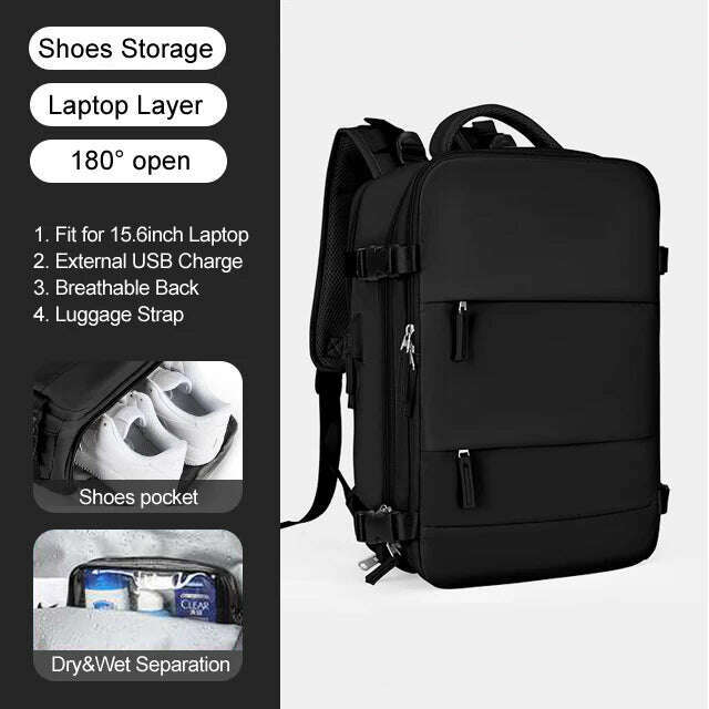 KIMLUD, Large Women Travel Backpack 17 Inch Laptop USB Airplane Business Shoulder Bag Girls Nylon Students Schoolbag Luggage Pack XA370C, Black, KIMLUD APPAREL - Womens Clothes